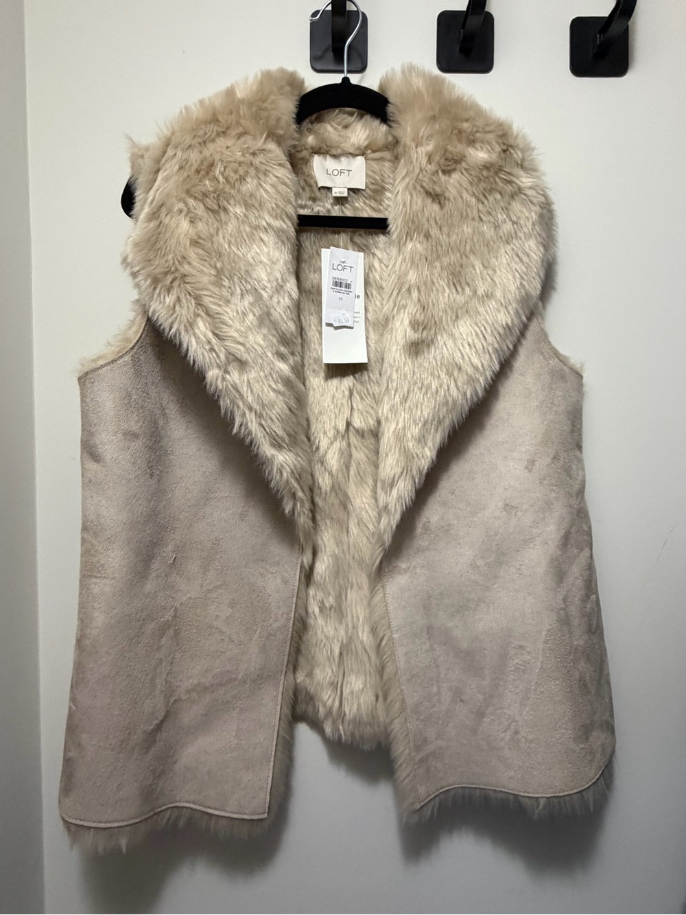 NWT LOFT Faux Suede Faux Fur Open Front Vest Beige M